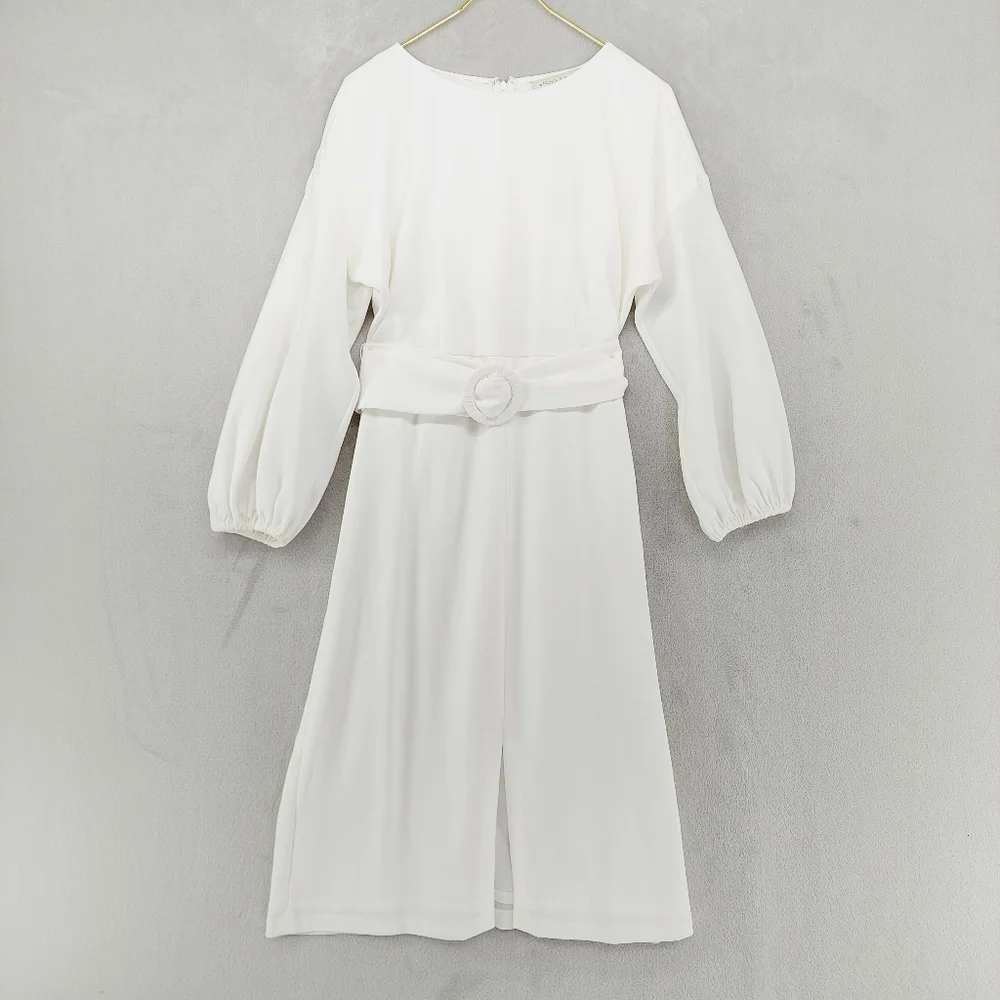 New Sachin & Babi Annie  White Crepe Sheath Belt & Blouson Sleeves Dress P4520 - Picture 3 of 11